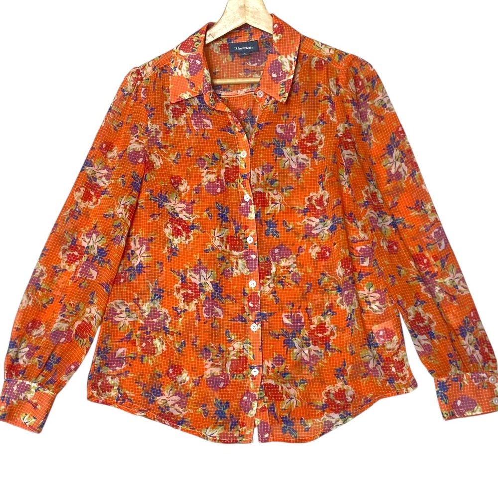 Modcloth Sheer Floral Button-Up Blouse S Orange Cottagecore Boho Chic Colorful - Picture 2 of 10